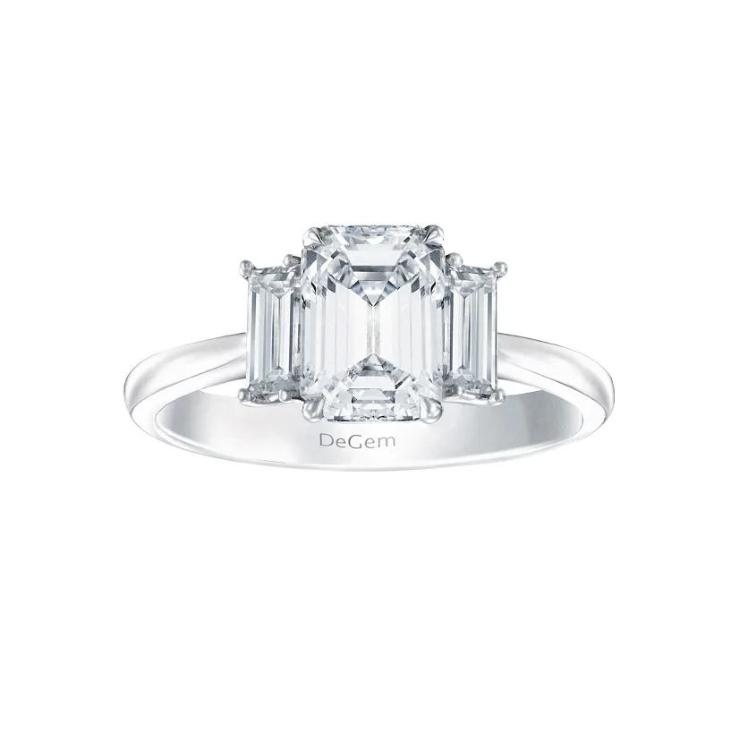 Trio Emerald Cut Solitaire Diamond 18K White Gold Engagement Ring - DeGem Malaysia