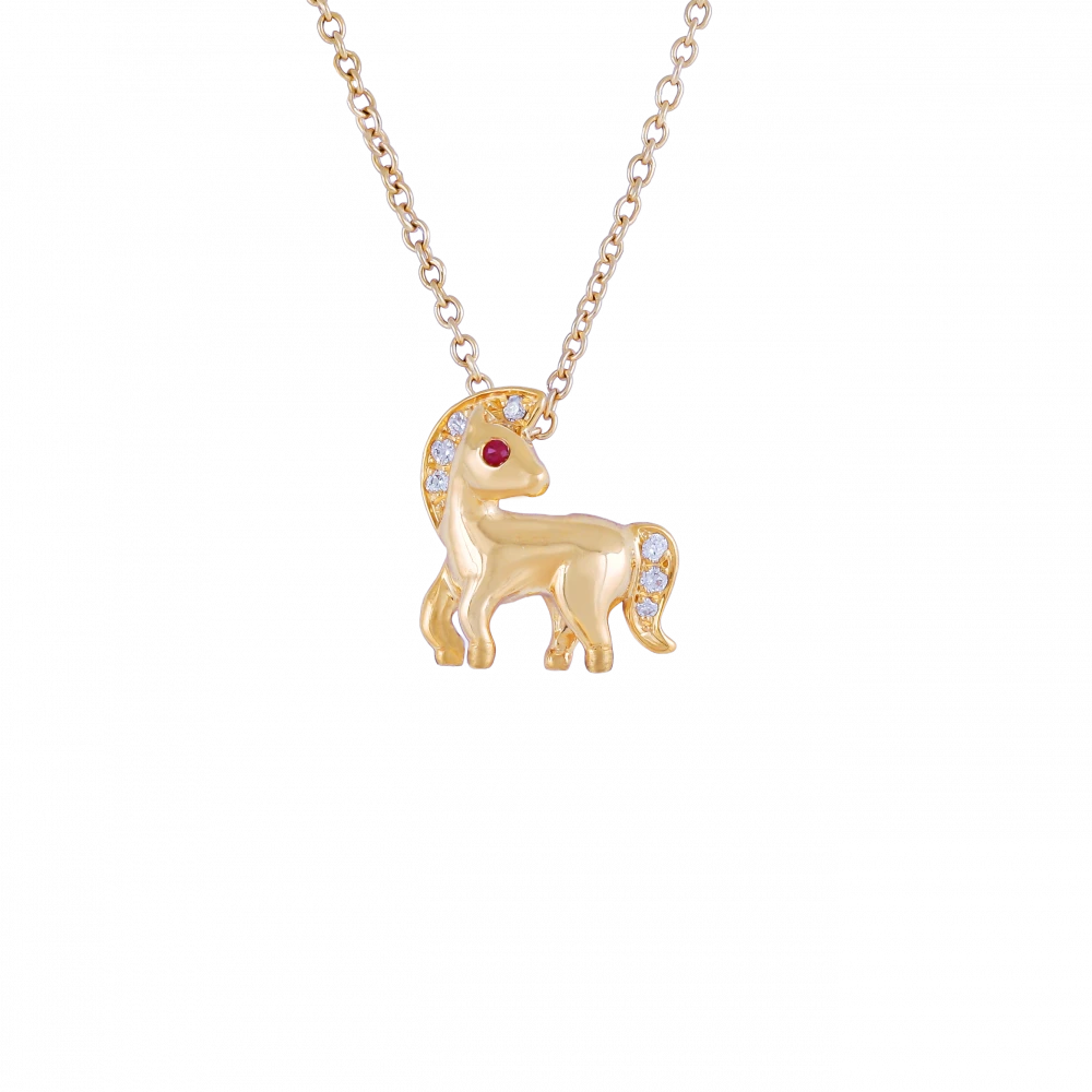 DeGem Jadeite Diamond Ruby Horse Pendant from the Zodiac Collection — green jadeite disc with a galloping gold horse figure accented with ruby and diamonds, celebrating the Chinese zodiac horse as a symbol of success and prosperity