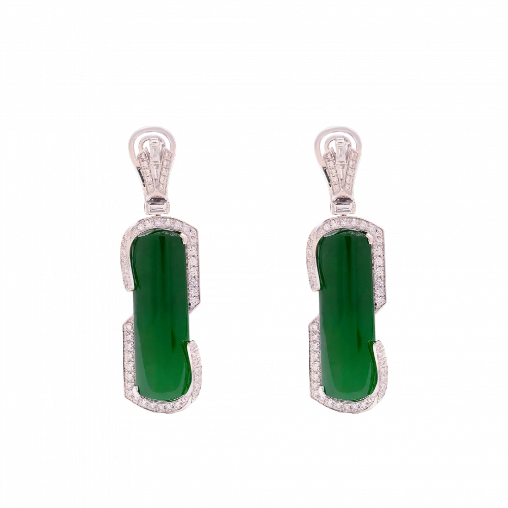 DeGem Peace Amulet Jadeite Diamond Earrings — elongated vivid green jadeite bars in an architectural Art Deco white gold and diamond frame, exemplifying contemporary fine jadeite earring design