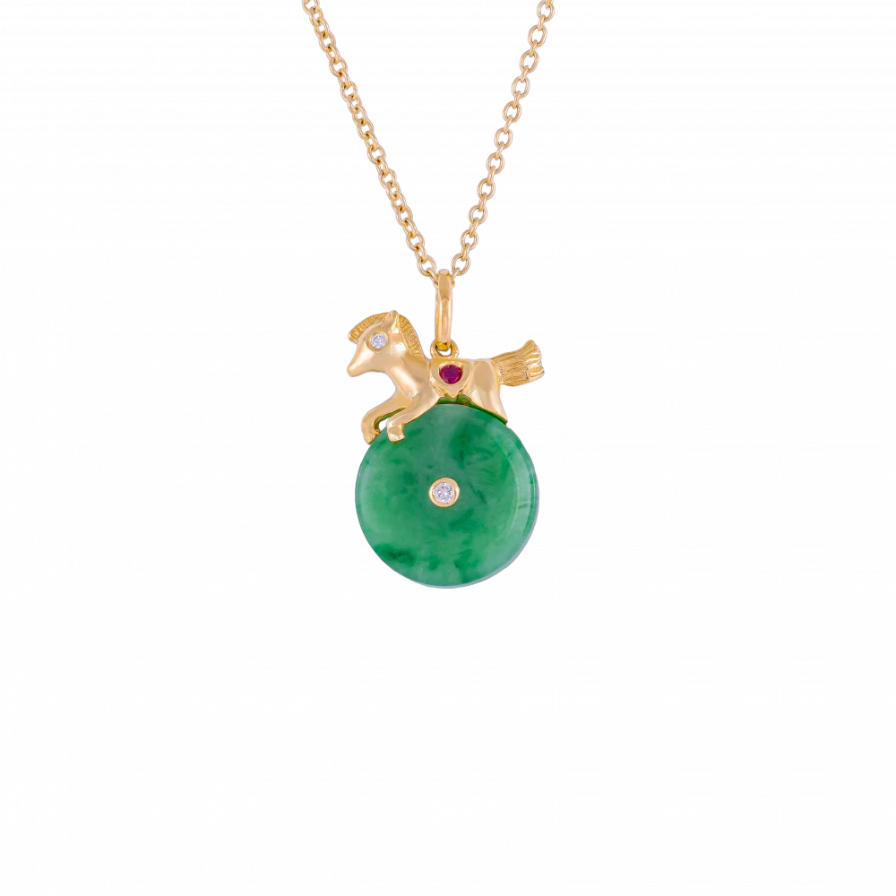 DeGem Jadeite Diamond Ruby Horse Pendant variant — green jadeite disc mounted with a gold horse figure set with ruby and diamond details from DeGem's Zodiac Collection