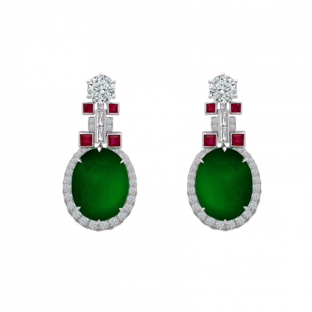 DeGem Cabochon Jadeite Ruby Diamond Earrings — vivid green oval jadeite cabochons framed by round brilliant diamonds and square-cut rubies in an Art Deco white gold setting
