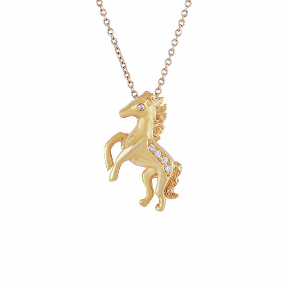 DeGem Golden Diamond Stallion Pendant — 18K gold rearing stallion pendant with round brilliant diamond details from the Zodiac Collection, complementing DeGem's jadeite horse pendants in the same series