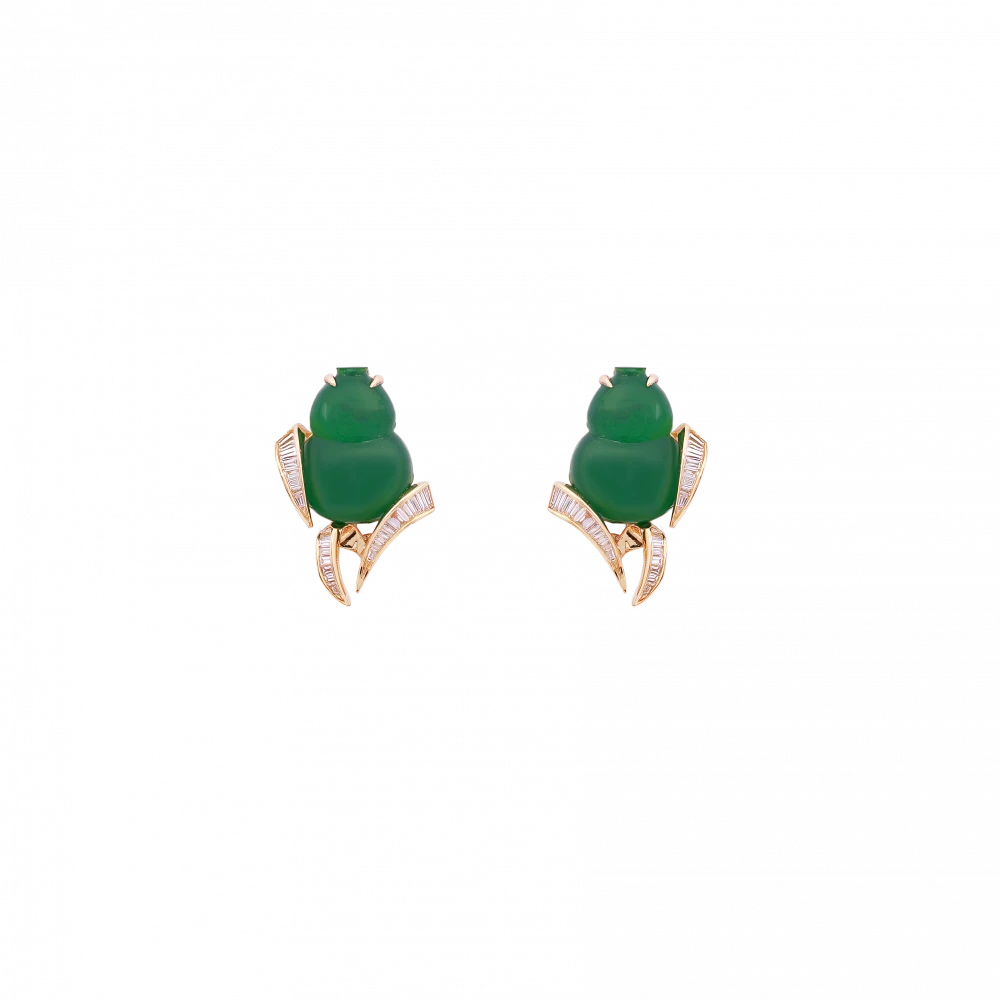 DeGem Hulu Jadeite Diamond Earrings in vivid green jadeite with gold and baguette diamond accents, shaped in the traditional hulu gourd motif symbolising protection and good fortune in Chinese culture