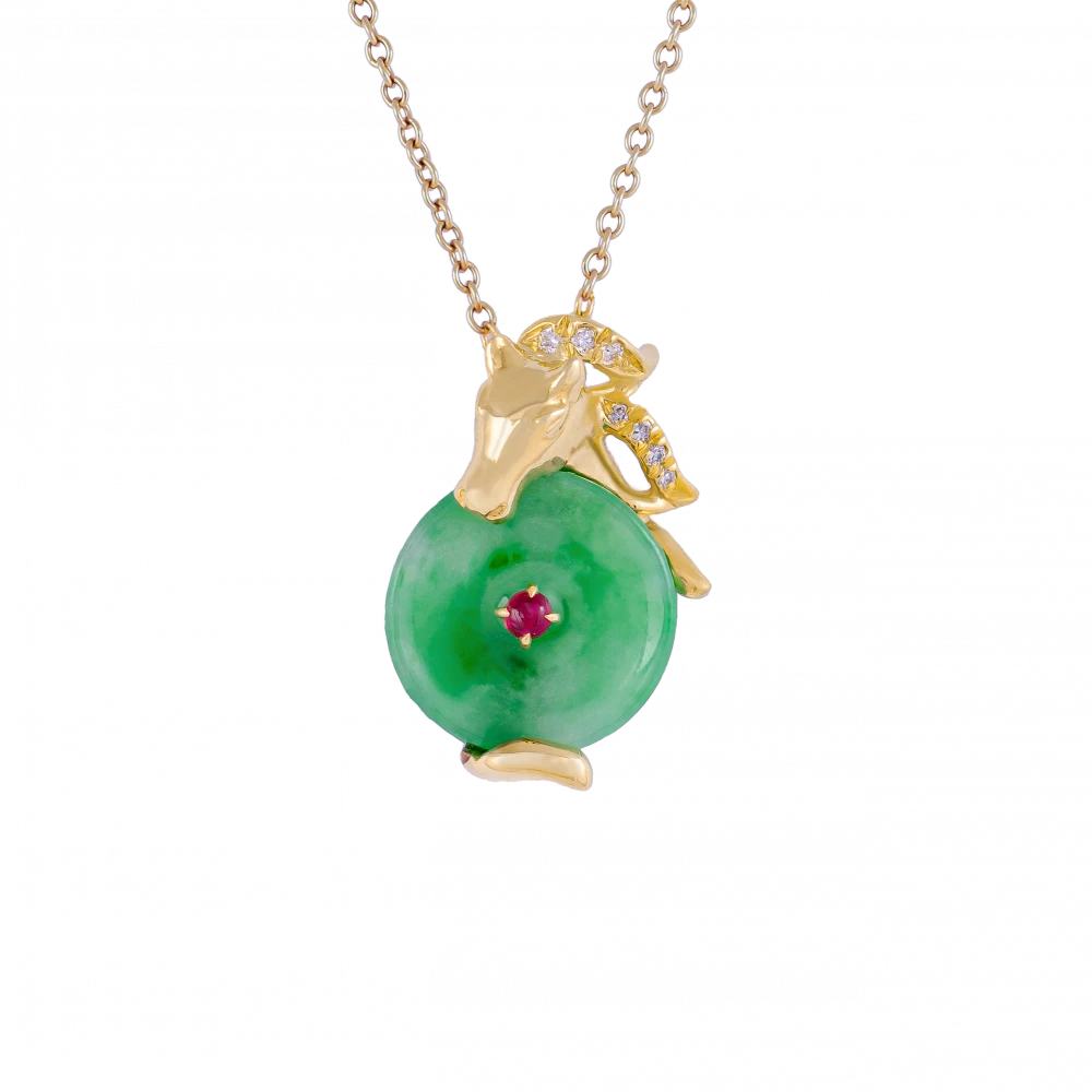 DeGem Jadeite Gallop Pendant — Type A green jadeite bi disc with an 18K gold galloping horse figure accented with rubies and diamonds, demonstrating the high standard of jadeite cutting and jewellery craftsmanship at DeGem