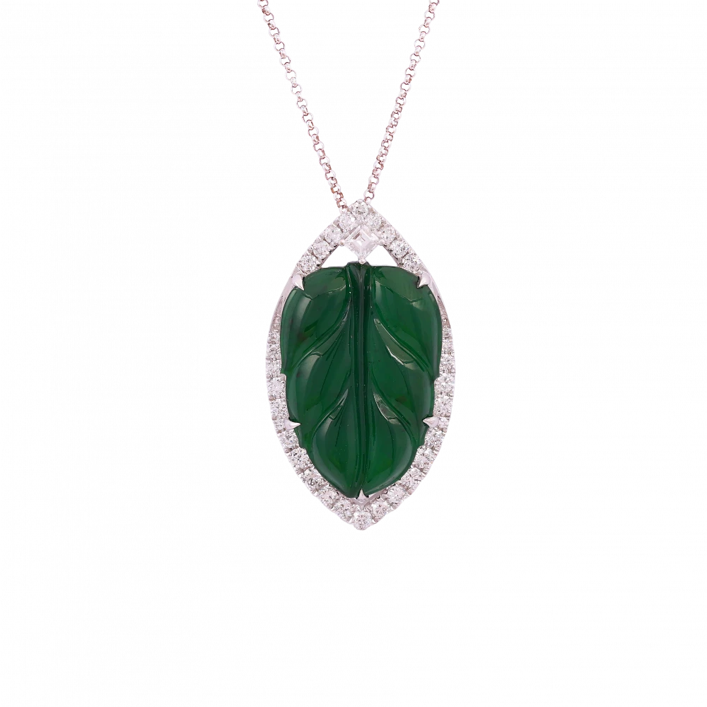DeGem Leaf Jadeite Diamond Pendant — a meticulously hand-carved vivid green jadeite leaf in a marquise-shaped white gold and diamond frame, demonstrating exceptional cut craftsmanship on Type A jadeite